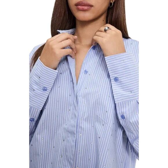 Good American Rhinestone Pinstripe Shirt L, Oversized Button Down Shirt - Picture 3 of 8